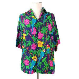 Basix Jammin Hawaiian shirt men's 2XL blue floral parrot macaw short sleeve